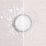 white metallic sequins, white beads