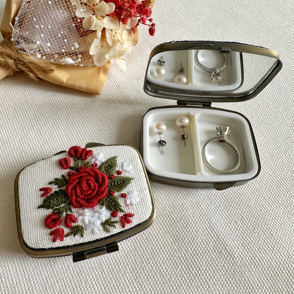 Floral Embroidered Rectangle Mini Jewelry Box With Mirror