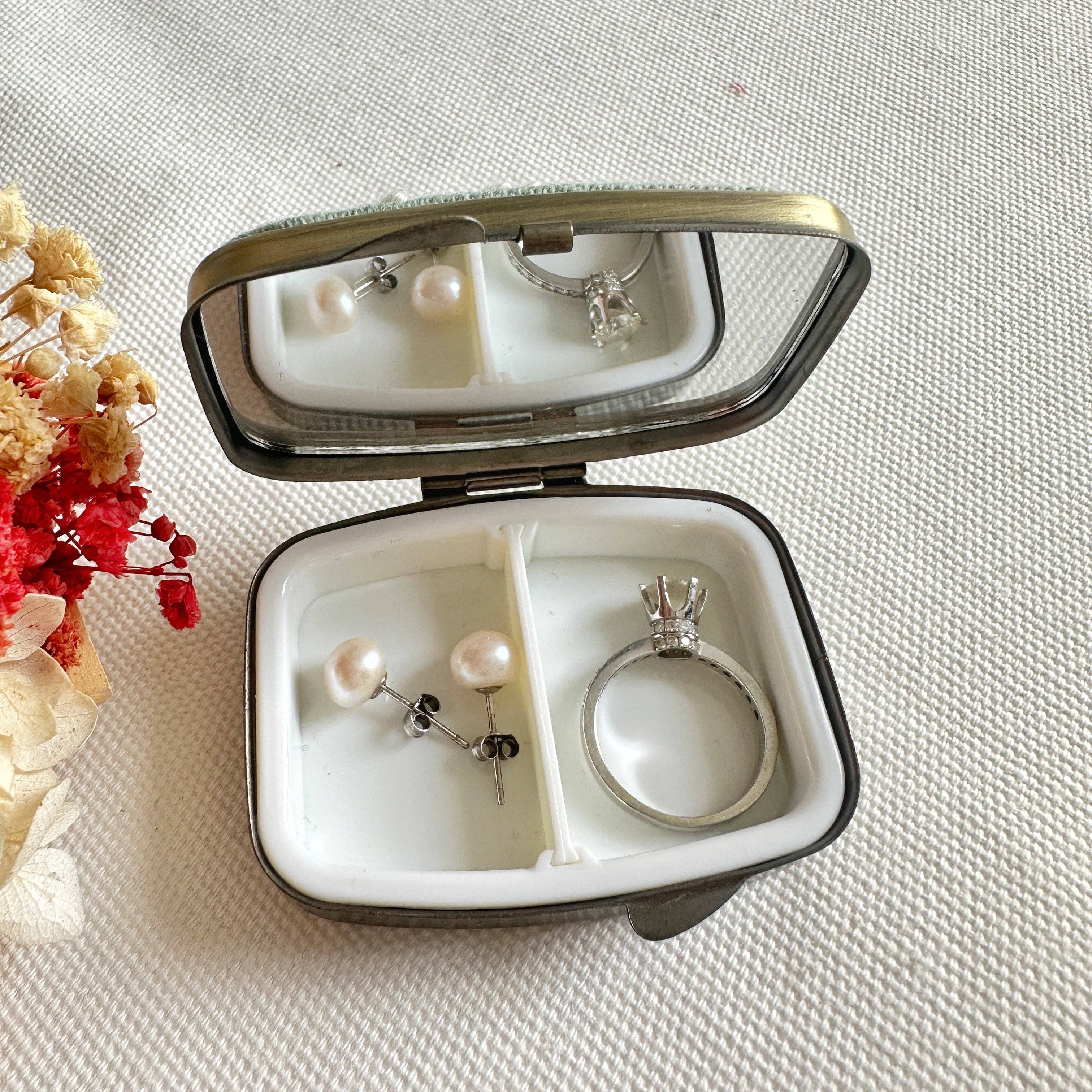 Floral Embroidered Rectangle Mini Jewelry Box With Mirror