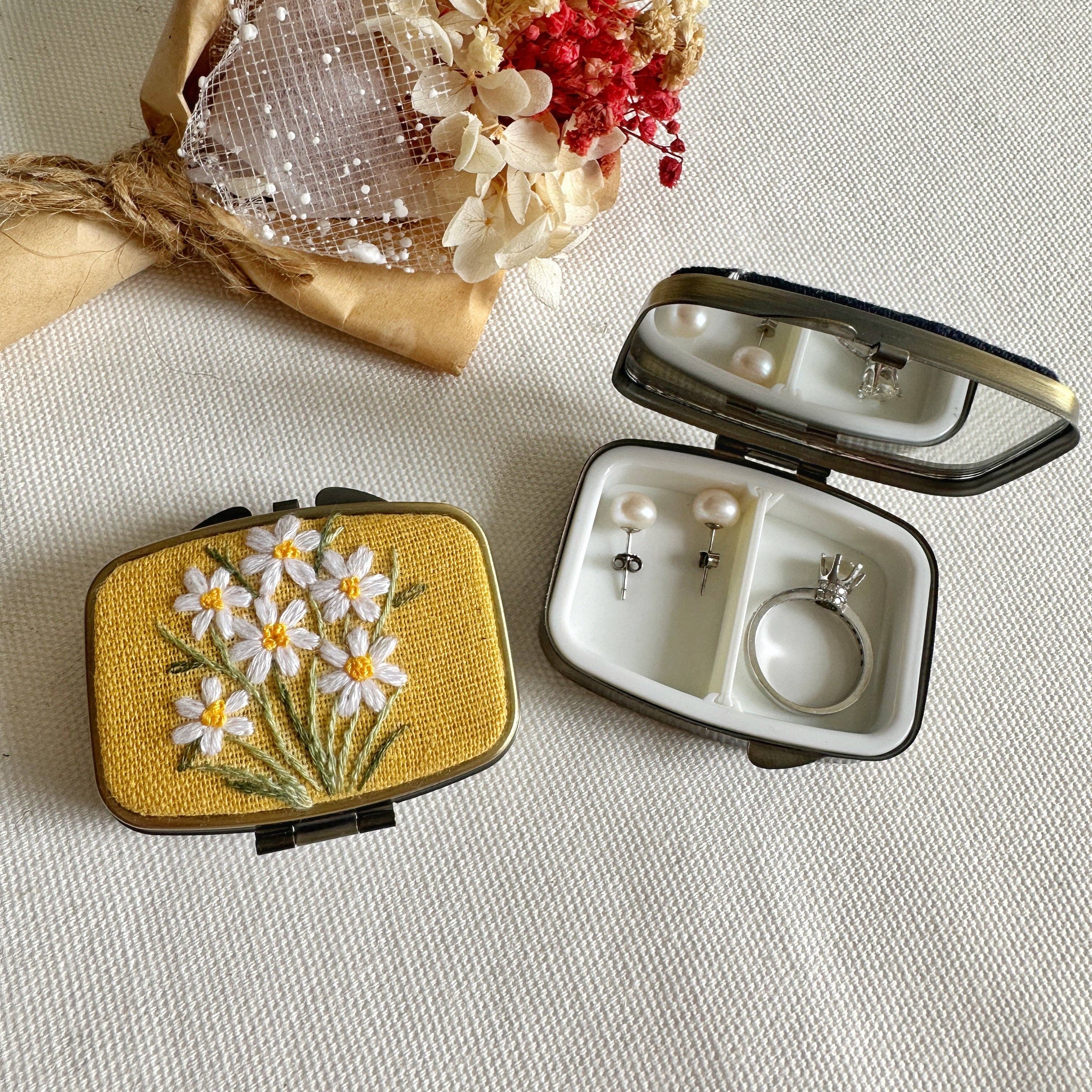 Floral Embroidered Rectangle Mini Jewelry Box With Mirror
