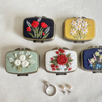 Floral Embroidered Rectangle Mini Jewelry Box With Mirror