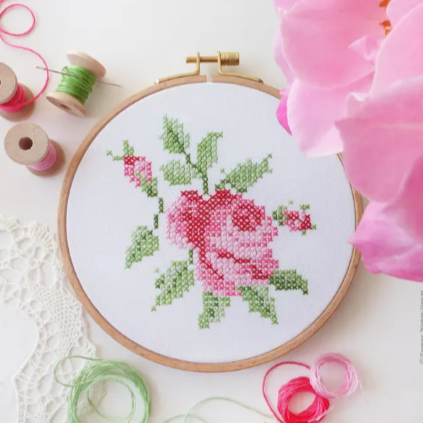 Cross Stitch Rose, 6" Stamped Embroidery Kit