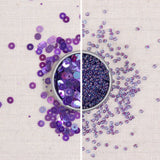 amethyst iridescent sequins, purple iridescent sequins, amethyst seed beads, purple seed beads