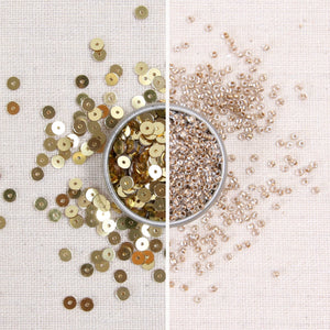 gold sequins, metallic gold sequins, gold seed beads