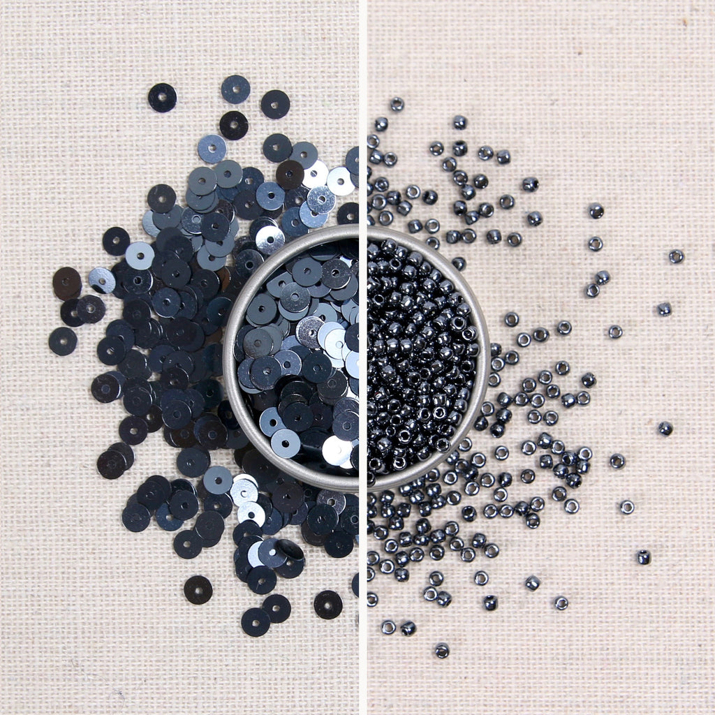 graphite metallic sequins, dark gray metallic sequins, black metallic sequins, graphite seed beads, dark gray seed beads, black seed beads