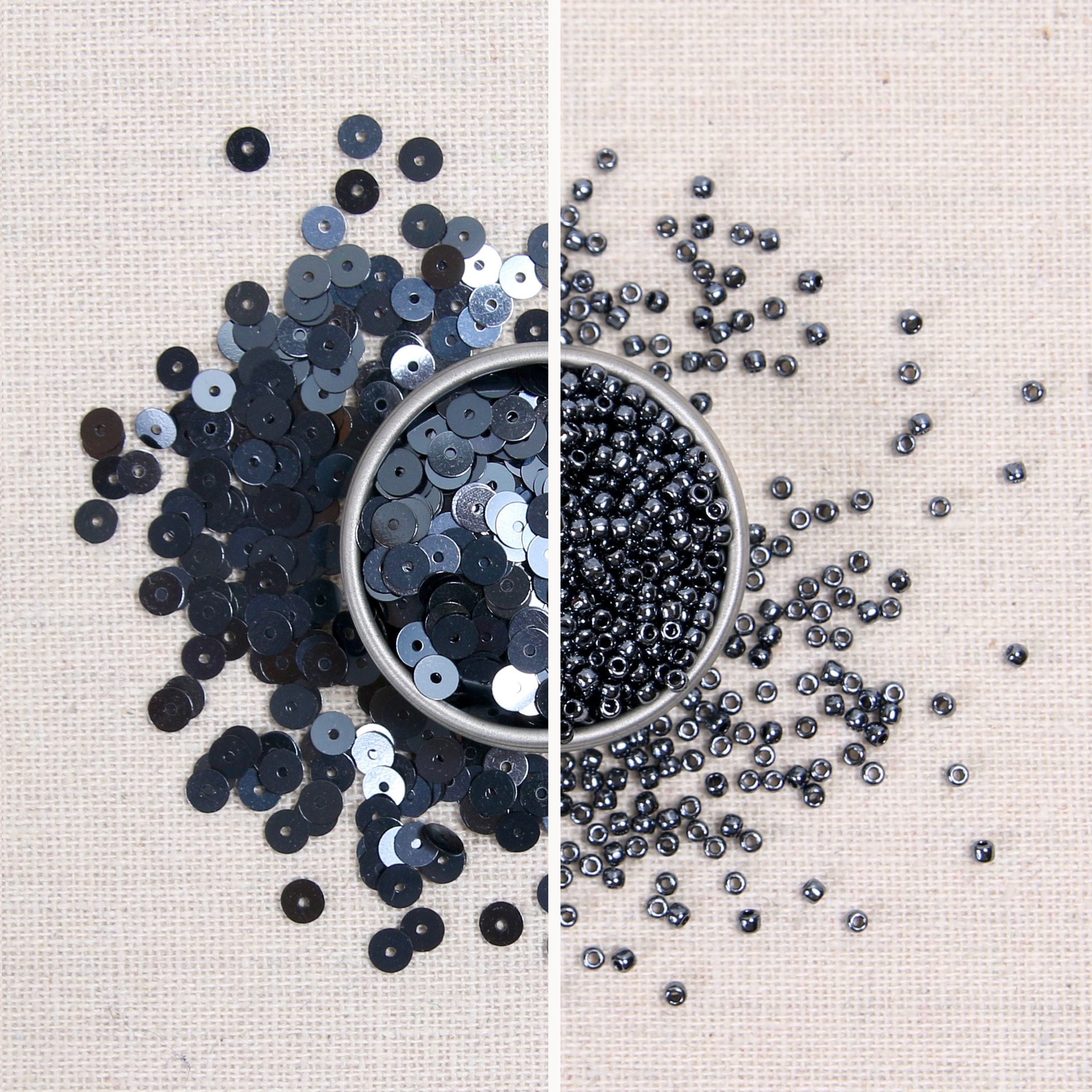 graphite metallic sequins, dark gray metallic sequins, black metallic sequins, graphite seed beads, dark gray seed beads, black seed beads