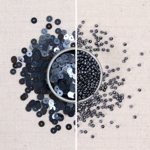 graphite metallic sequins, dark gray metallic sequins, black metallic sequins, graphite seed beads, dark gray seed beads, black seed beads