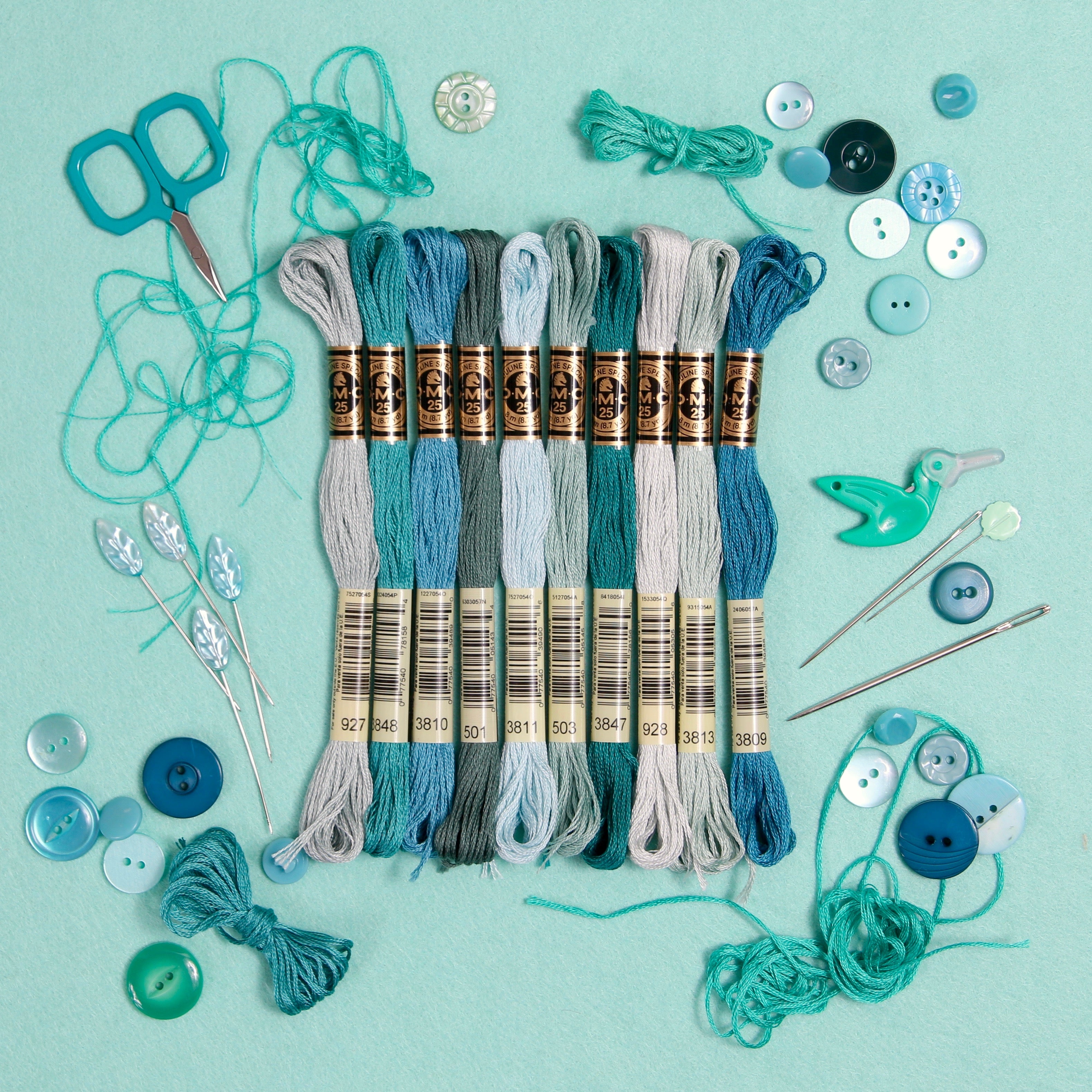 DMC embroidery floss, teal embroidery floss, blue-green embroidery floss