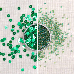 Kelly green sequins, Kelly green beads, metallic green sequins, glass seed beads, green beads, green sequins
