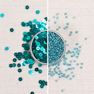 Teal sequins, turquoise sequins, metallic turquoise sequins, teal beads, teal seed beads, turquoise seed beads