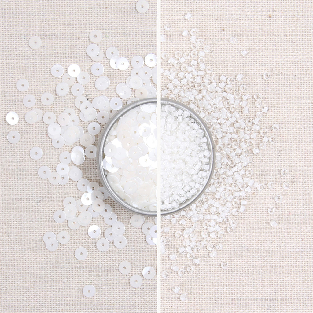 white metallic sequins, white beads