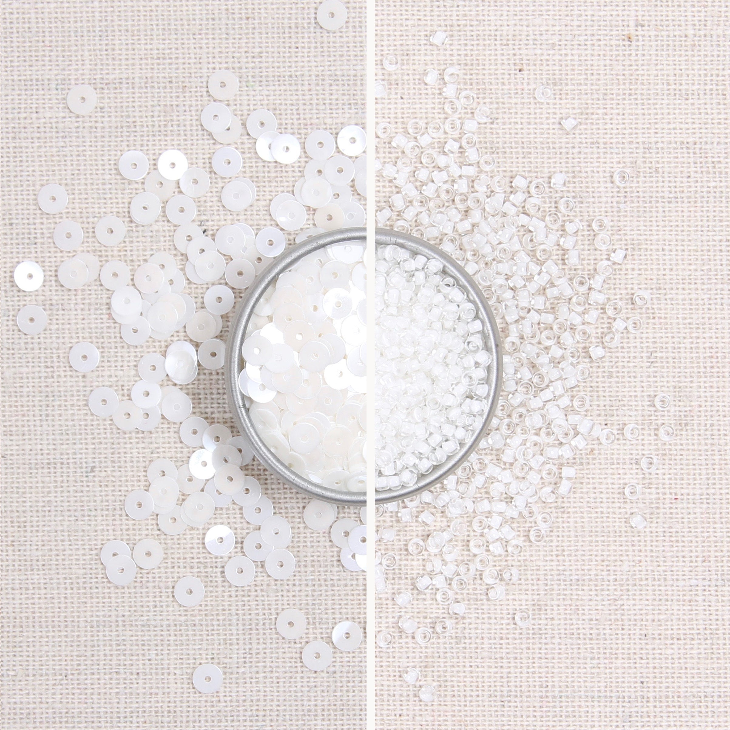 white metallic sequins, white beads